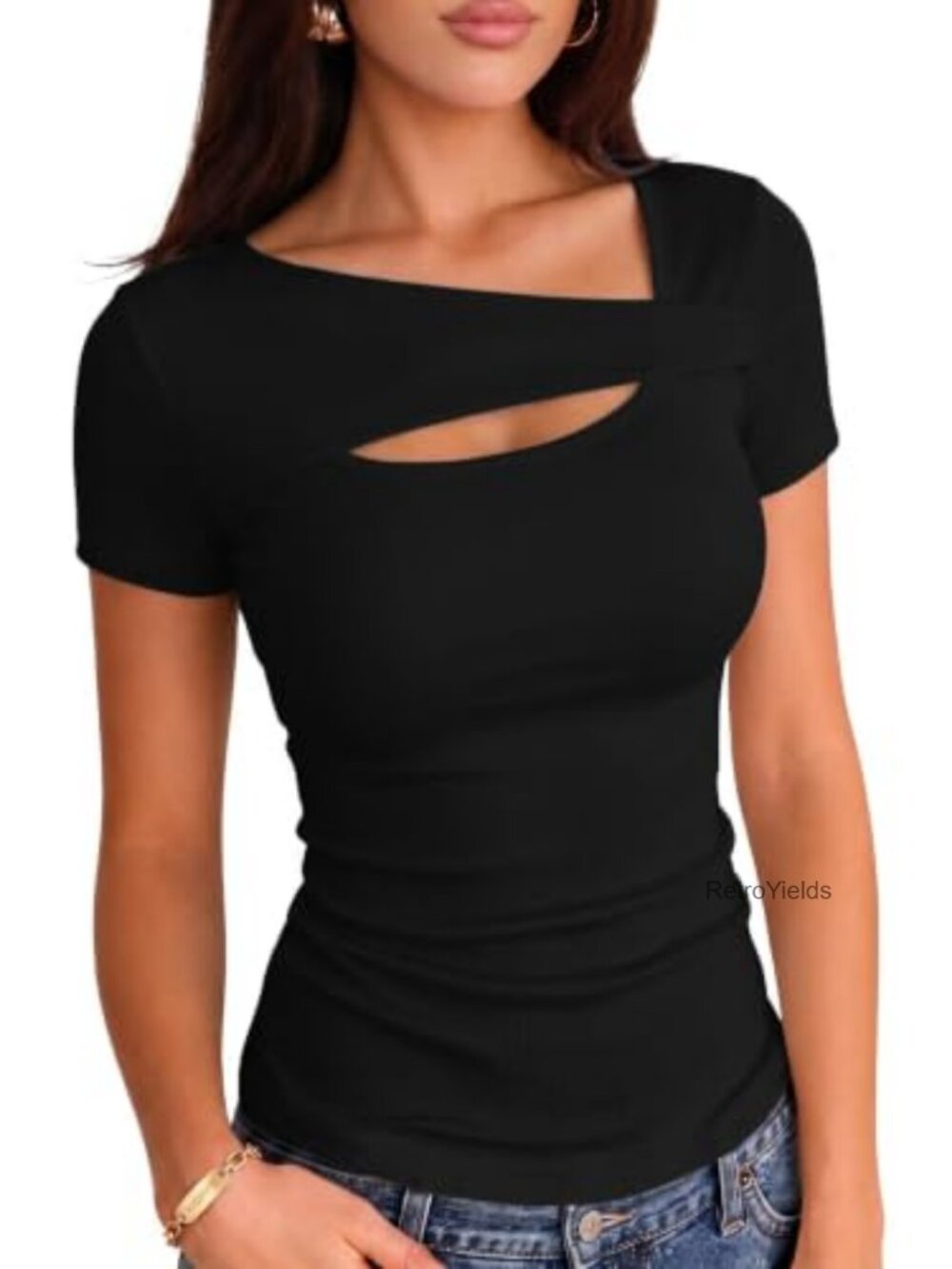 Women's Ribbed Cutout Tee Long Sleeve Slim Fitted Square Neck